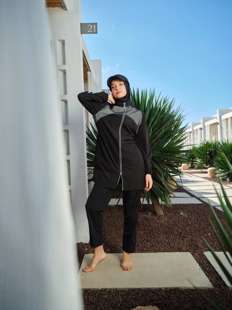 Alfasa Sport Sleeve Print Full Coverage Hijab Swimsuit 26238 - 26 - Black - ihvan