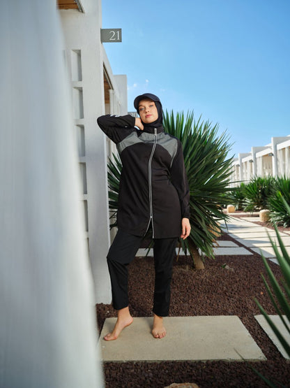 Alfasa Sport Sleeve Print Full Coverage Hijab Swimsuit 26238 - 26 - Black - ihvan