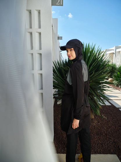 Alfasa Sport Sleeve Print Full Coverage Hijab Swimsuit 26238 - 26 - Black - ihvan