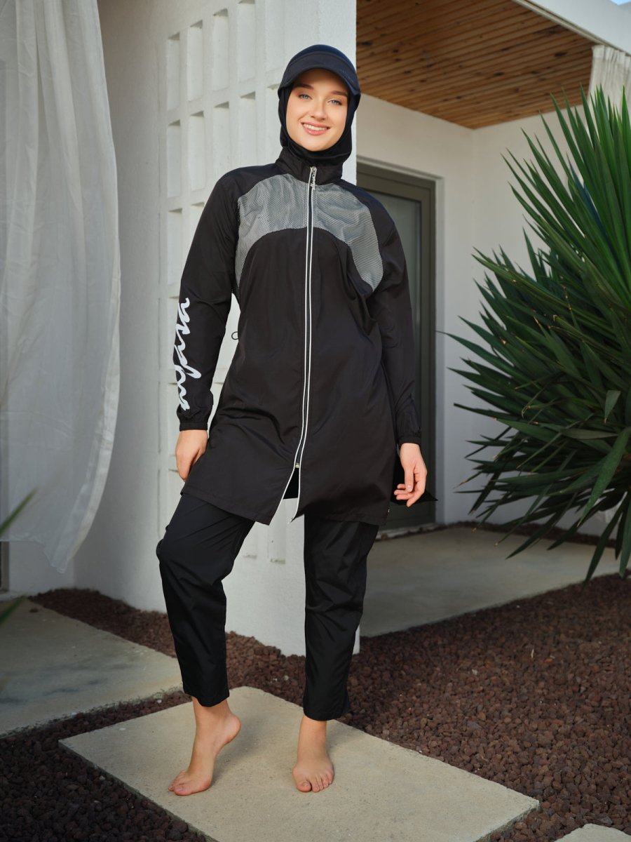 Alfasa Sport Sleeve Print Full Coverage Hijab Swimsuit 26238 - 26 - Black - ihvan