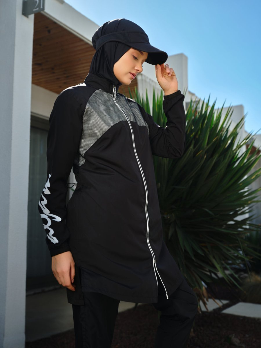 Alfasa Sport Sleeve Print Full Coverage Hijab Swimsuit 26238 - 26 - Black - ihvan