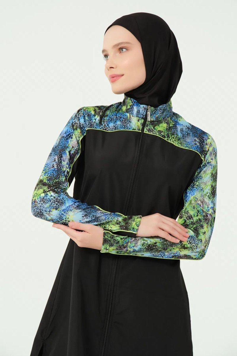 Alfasa Trop Patterned 5 - Piece Quick - Drying Full Coverage Hijab Swimsuit Set with Hair Trim, 25416 - 25 Green - ihvan