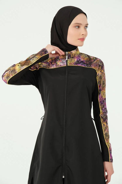 Alfasa Trop Patterned 5 - Piece Quick - Drying Fully Covered Hijab Swimsuit Set with Hair Trim 25416 - 25 Yellow - ihvan
