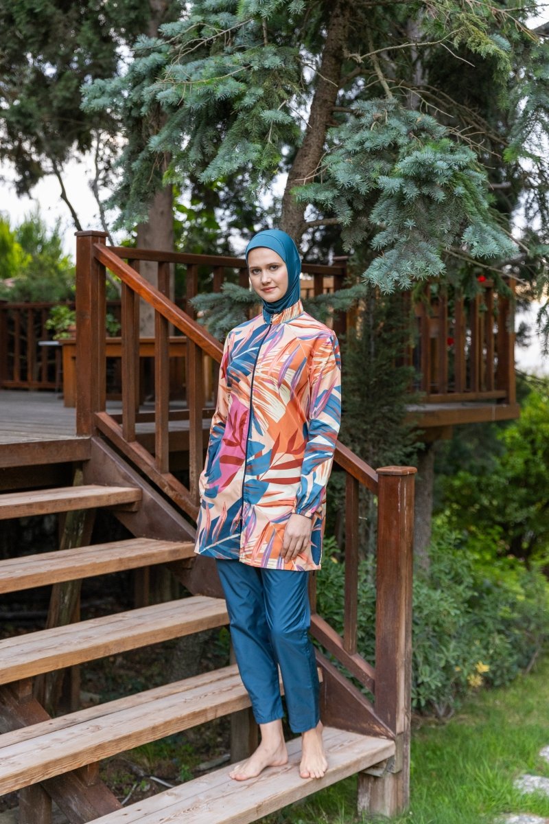 Alfasa Vanilla Patterned Full Coverage Hijab Swimsuit 25290 - 26 - Petrol - ihvan