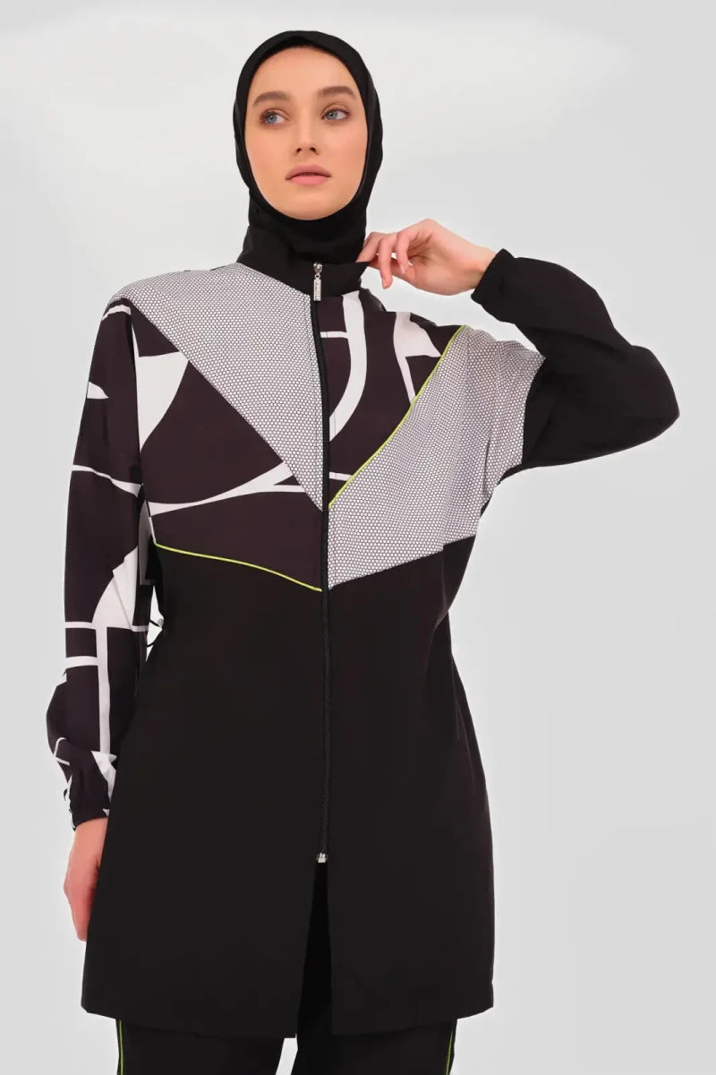 Alfasa Volta Neon Trim Detail Full Coverage Hijab Swimsuit 24202-26 Black - ihvan