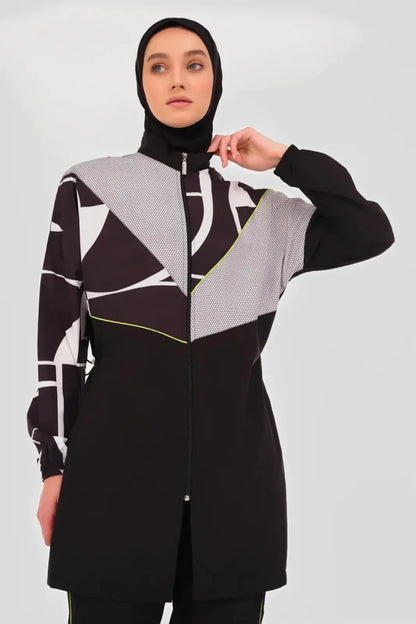 Alfasa Volta Neon Trim Detail Full Coverage Hijab Swimsuit 24202-26 Black - ihvan