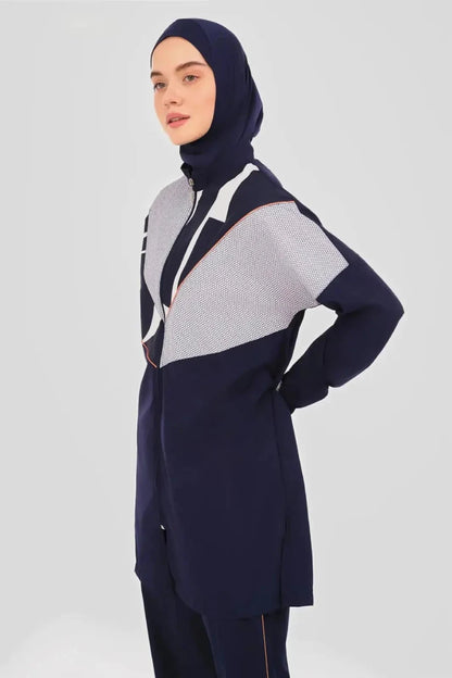 Alfasa Volta Neon Trimmed Full Coverage Hijab Swimsuit 24202-26 Navy Blue - ihvan