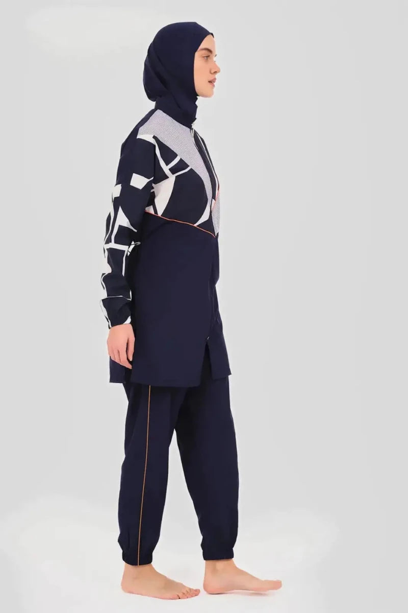Alfasa Volta Neon Trimmed Full Coverage Hijab Swimsuit 24202-26 Navy Blue - ihvan