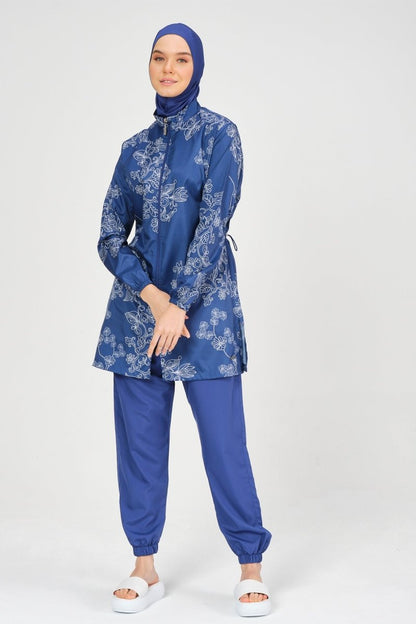 Alfasa Women's Embroidered Full Coverage Hijab Swimsuit 24235 - 25 Indigo - ihvan
