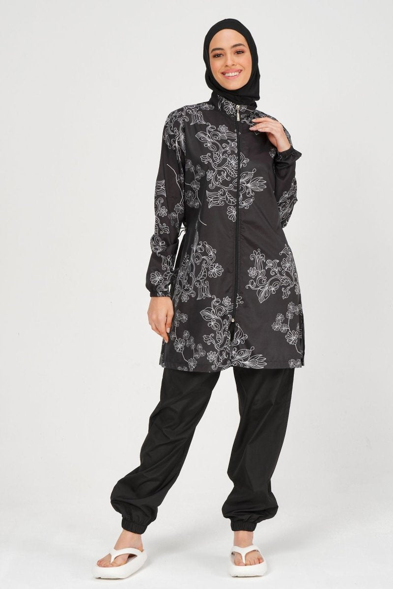 Alfasa Women's Embroidered Full Coverage Hijab Swimsuit 24235 Black - ihvan
