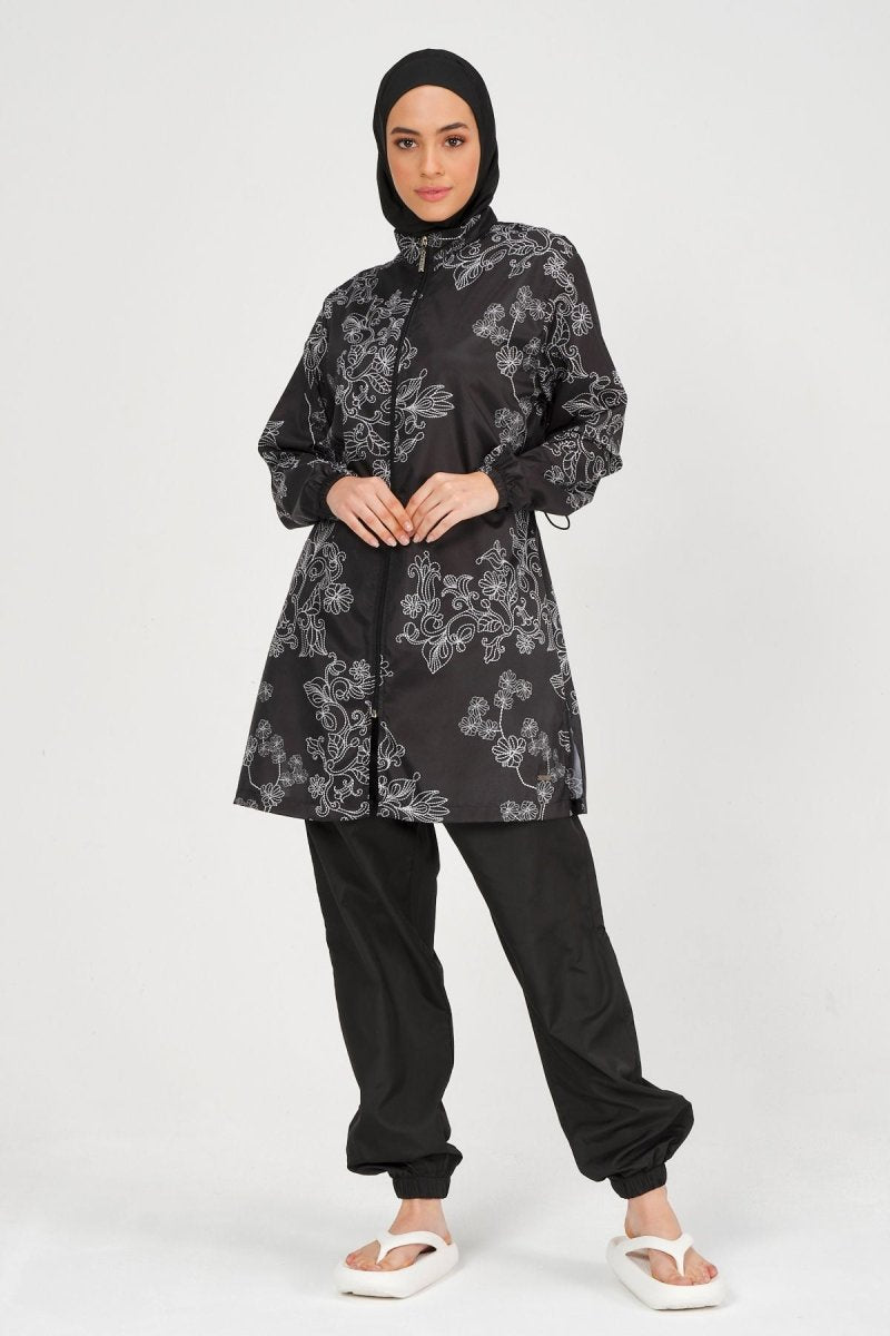 Alfasa Women's Embroidered Full Coverage Hijab Swimsuit 24235 Black - ihvan