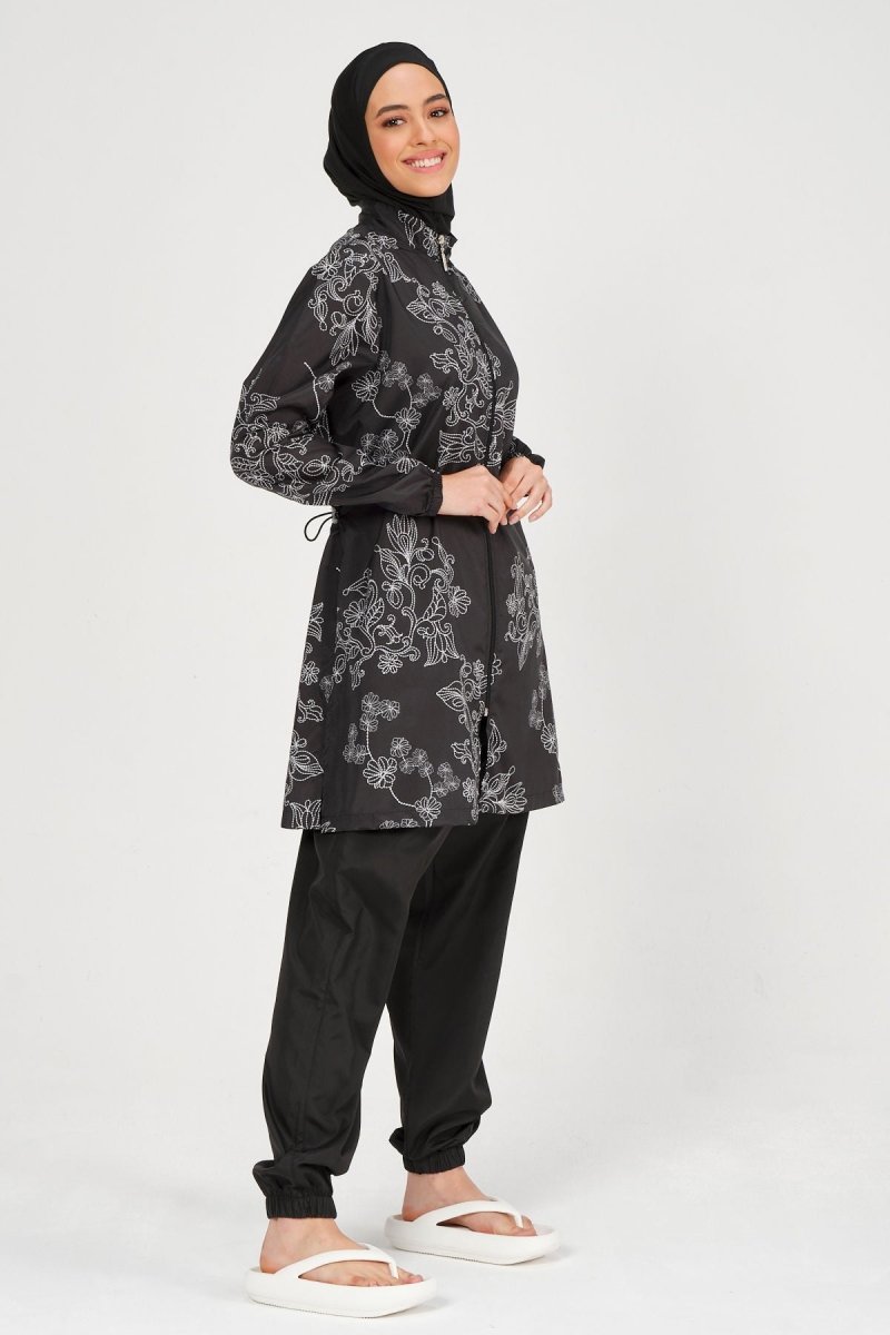 Alfasa Women's Embroidered Full Coverage Hijab Swimsuit 24235 Black - ihvan