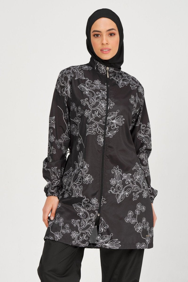 Alfasa Women's Embroidered Full Coverage Hijab Swimsuit 24235 Black - ihvan