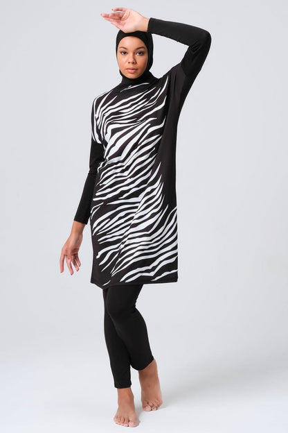 Alfasa Women's Full Coverage Hijab Swimsuit with Zebra Pattern Front 23691 Black - ihvan