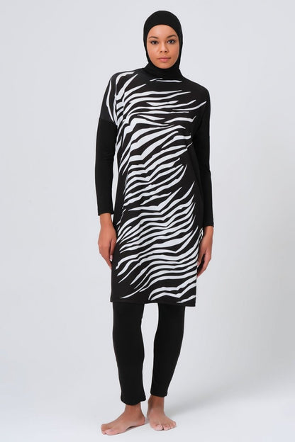 Alfasa Women's Full Coverage Hijab Swimsuit with Zebra Pattern Front 23691 Black - ihvan