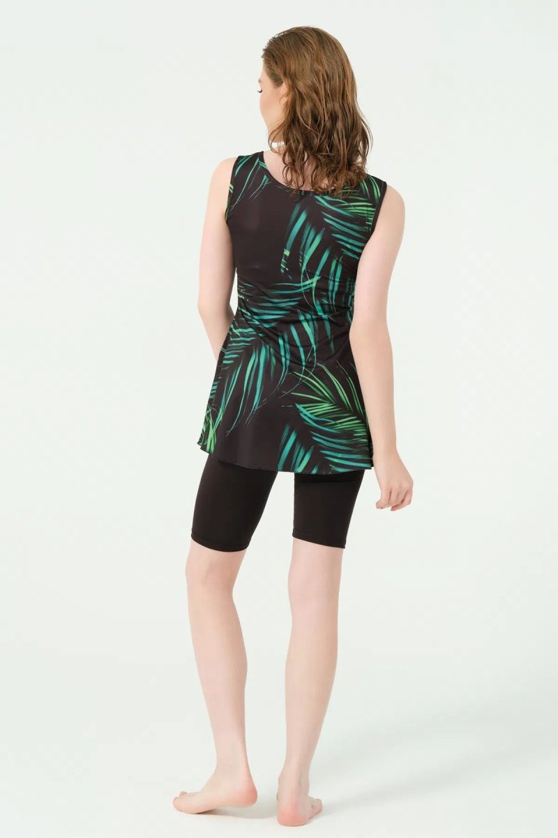 Alfasa Women's Leaf Pattern Sleeveless 4 - Piece Quick - Drying Semi - Closed Swimsuit Set 25915 - 25 Black - ihvan
