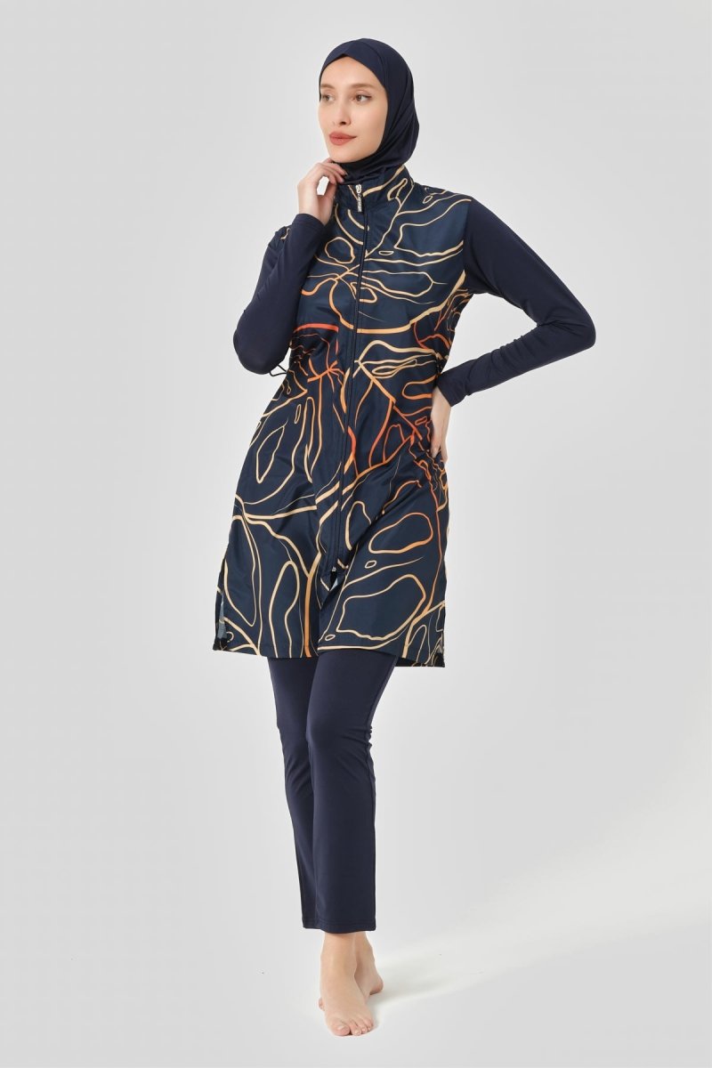 Alfasa Women's Nature Pattern Full Coverage Hijab Swimsuit 24402 - 24 Navy Blue - ihvan