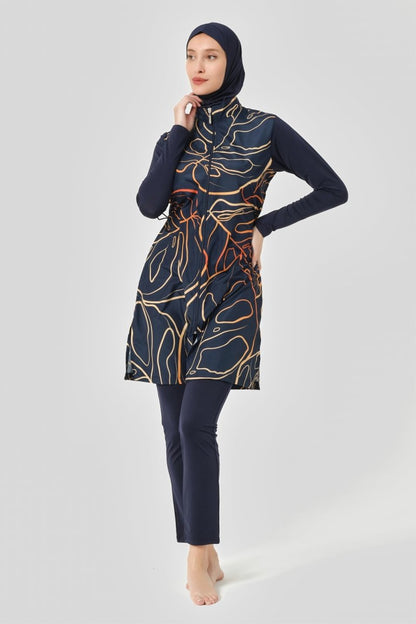 Alfasa Women's Nature Pattern Full Coverage Hijab Swimsuit 24402 - 24 Navy Blue - ihvan