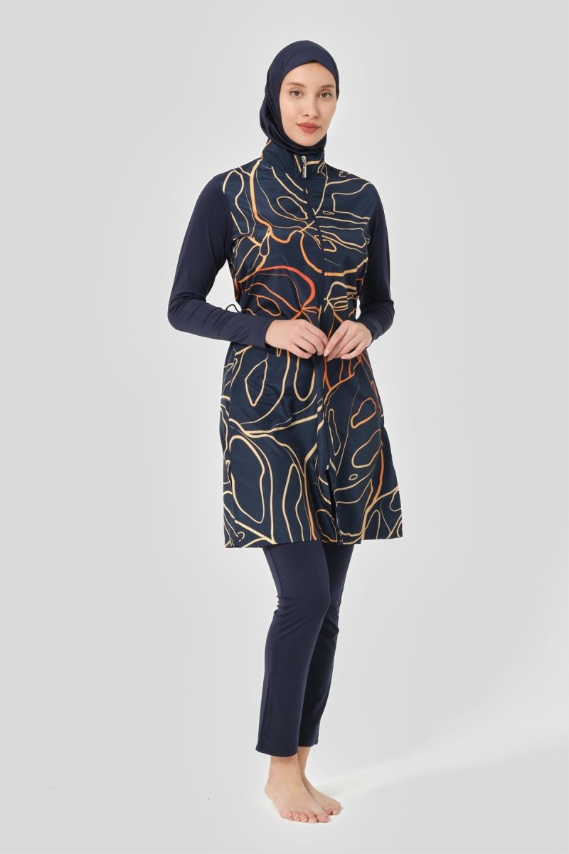 Alfasa Women's Nature Pattern Full Coverage Hijab Swimsuit 24402 - 24 Navy Blue - ihvan