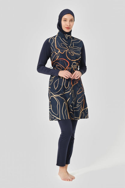 Alfasa Women's Nature Pattern Full Coverage Hijab Swimsuit 24402 - 24 Navy Blue - ihvan