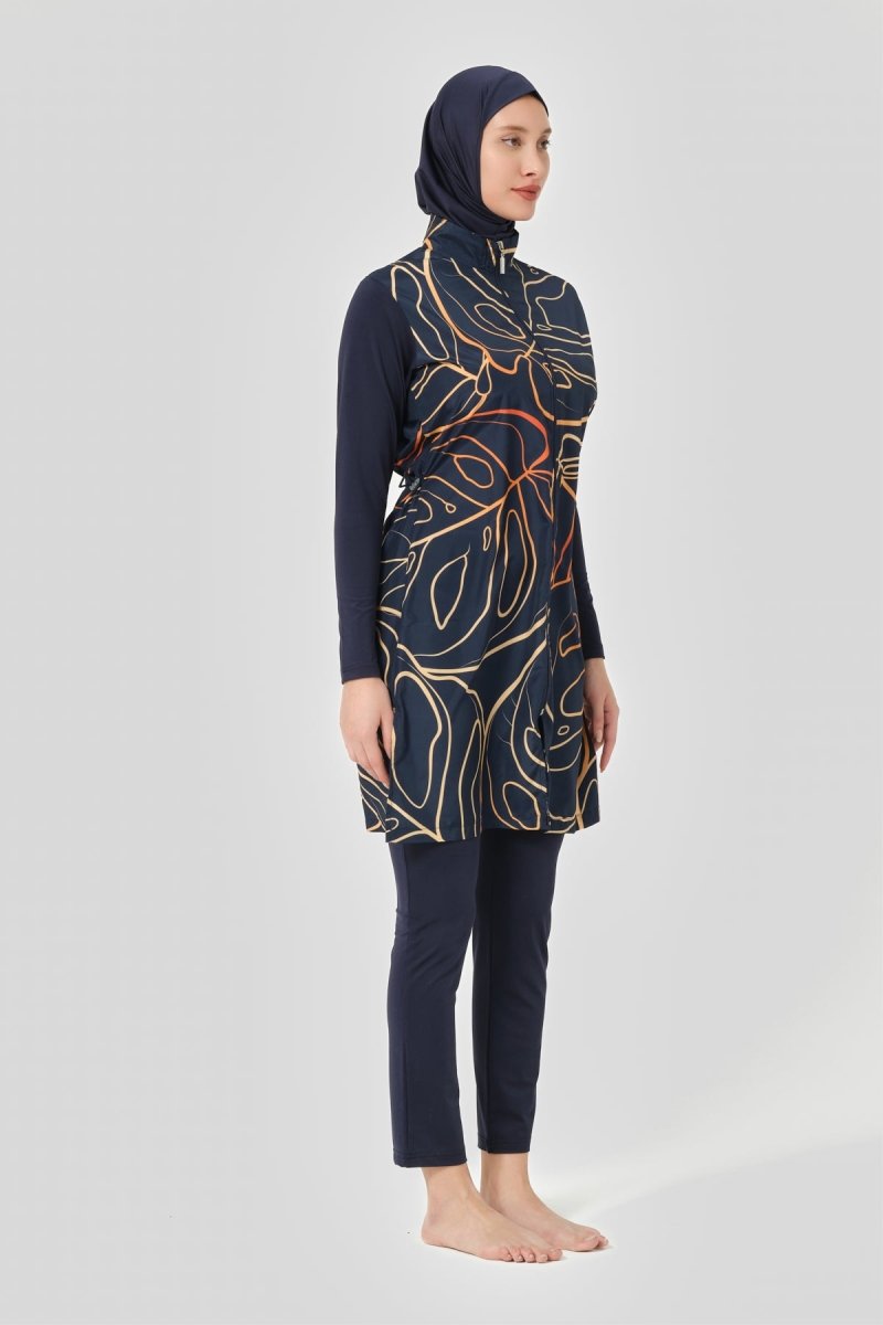Alfasa Women's Nature Pattern Full Coverage Hijab Swimsuit 24402 - 24 Navy Blue - ihvan