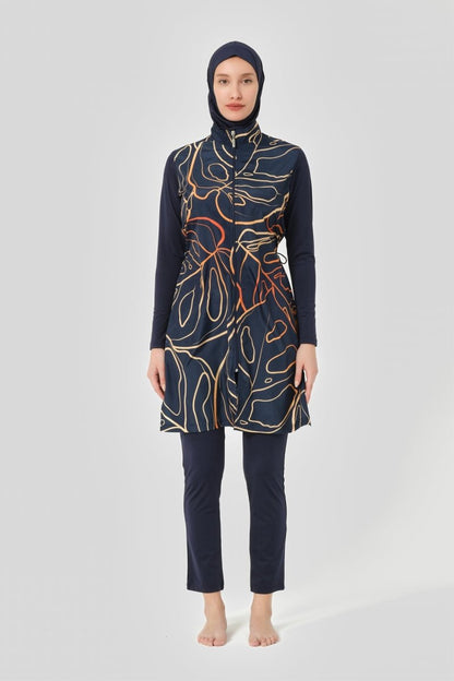 Alfasa Women's Nature Pattern Full Coverage Hijab Swimsuit 24402 - 24 Navy Blue - ihvan