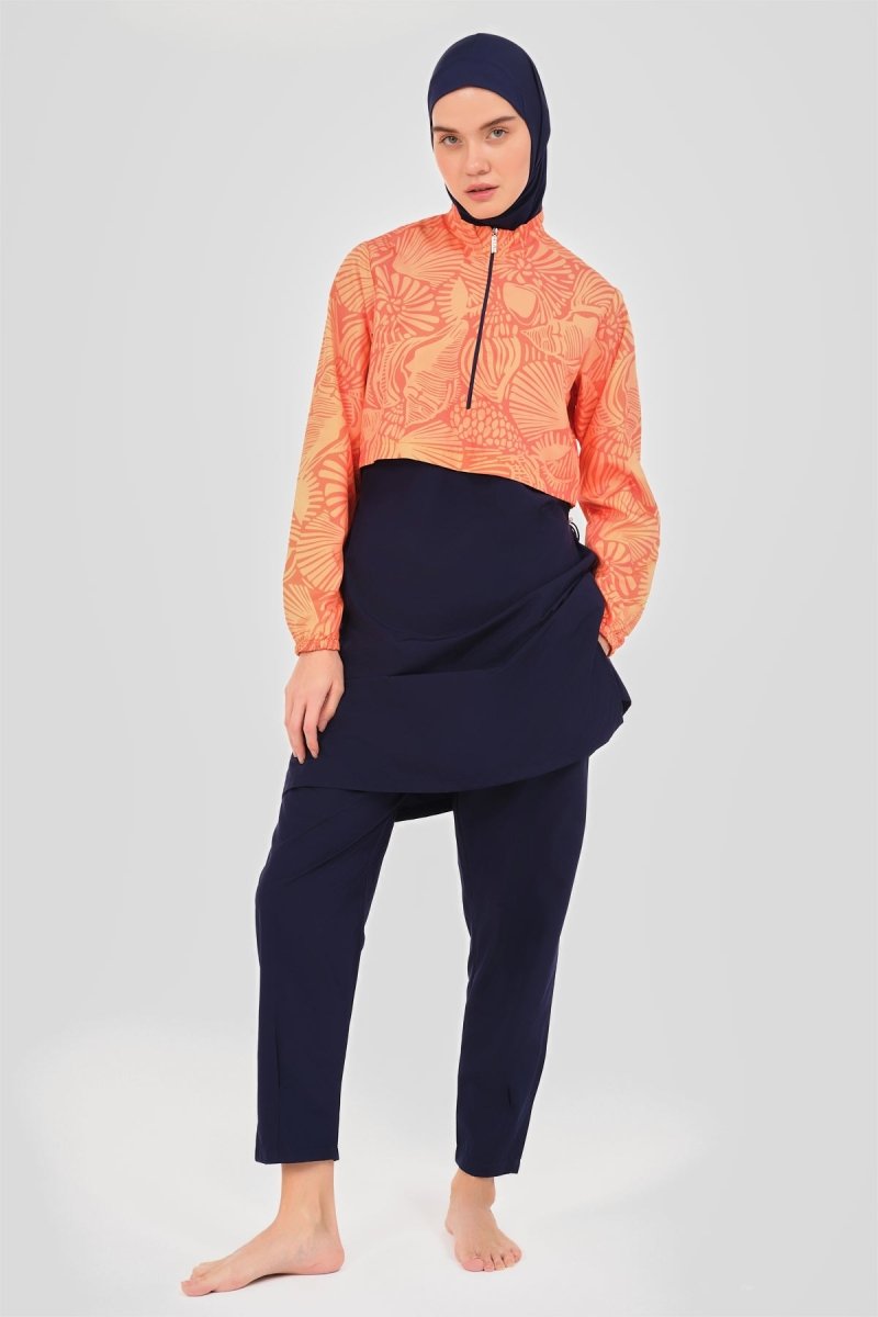 Alfasa Women's Patterned Crop Full Coverage Hijab Swimsuit 24300 Orange - ihvan