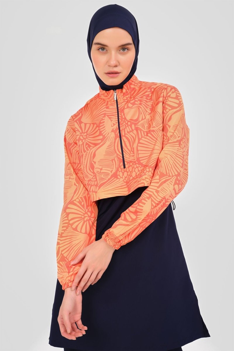 Alfasa Women's Patterned Crop Full Coverage Hijab Swimsuit 24300 Orange - ihvan