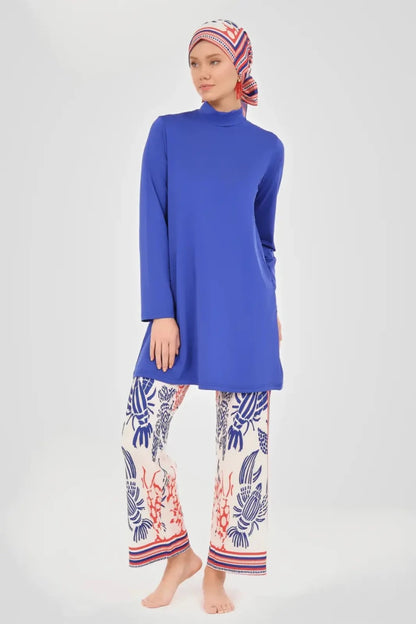 Alfasa Yakamoz Patterned Full Coverage Hijab Swimsuit 24607-26 Navy Blue - ihvan