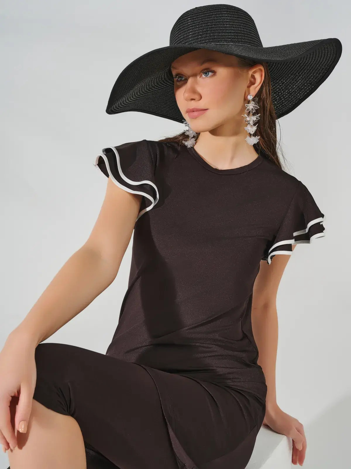 Alfasa Semi-Closed Swimsuit with Valon Sleeves, Ruffled Shorts, Black 24702-26