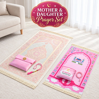 Mother & Daughter Islamic Prayer Set with Prayer Mats, Tasbih & Carry Bags