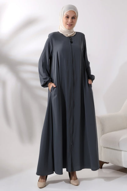 Anthracite Zippered, Elasticated Sleeve Medina Silk Mevlana Model Hijab Abaya - ihvan