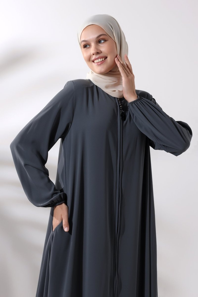 Anthracite Zippered, Elasticated Sleeve Medina Silk Mevlana Model Hijab Abaya - ihvan
