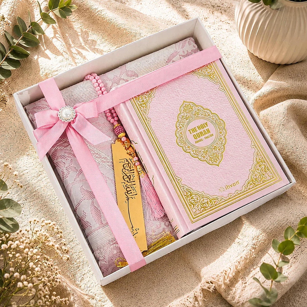 Arabic-English Quran Islamic Gift Box Set with Prayer Mat, Tasbih & Bookmark