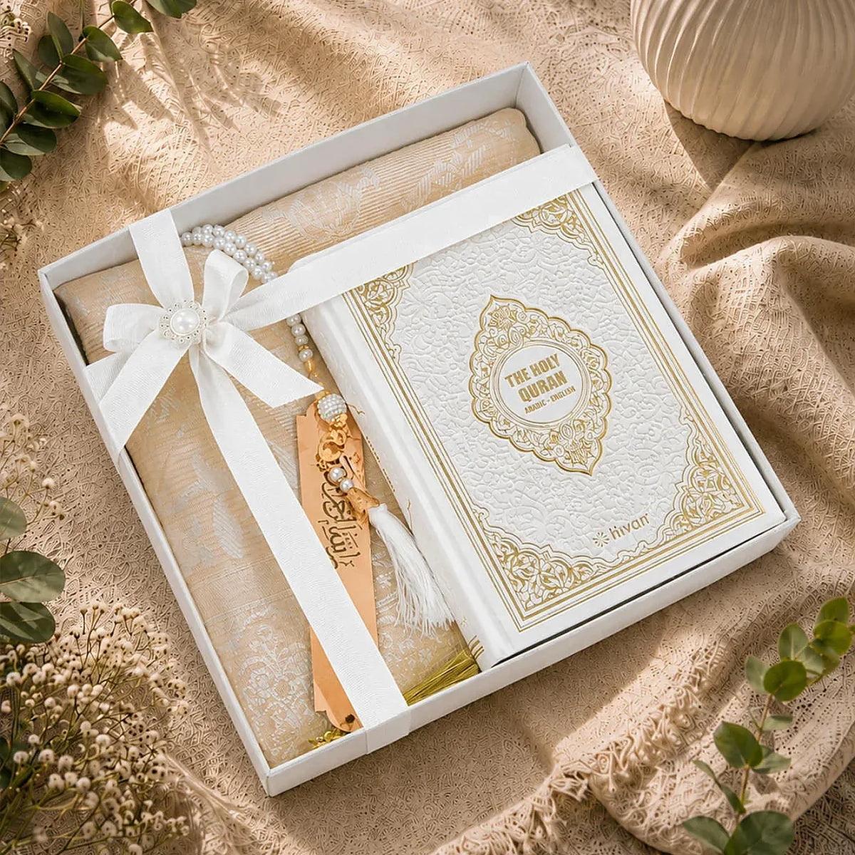 Arabic-English Quran Islamic Gift Box Set with Prayer Mat, Tasbih & Bookmark