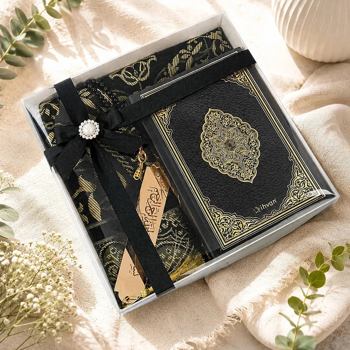 Arabic Quran Islamic Gift Box Set with Taffeta Prayer Mat, Tasbih & Bookmark - ihvan