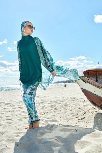 Batik Patterned Belted Long Pareo 7149 - 26 Emerald Green - ihvan