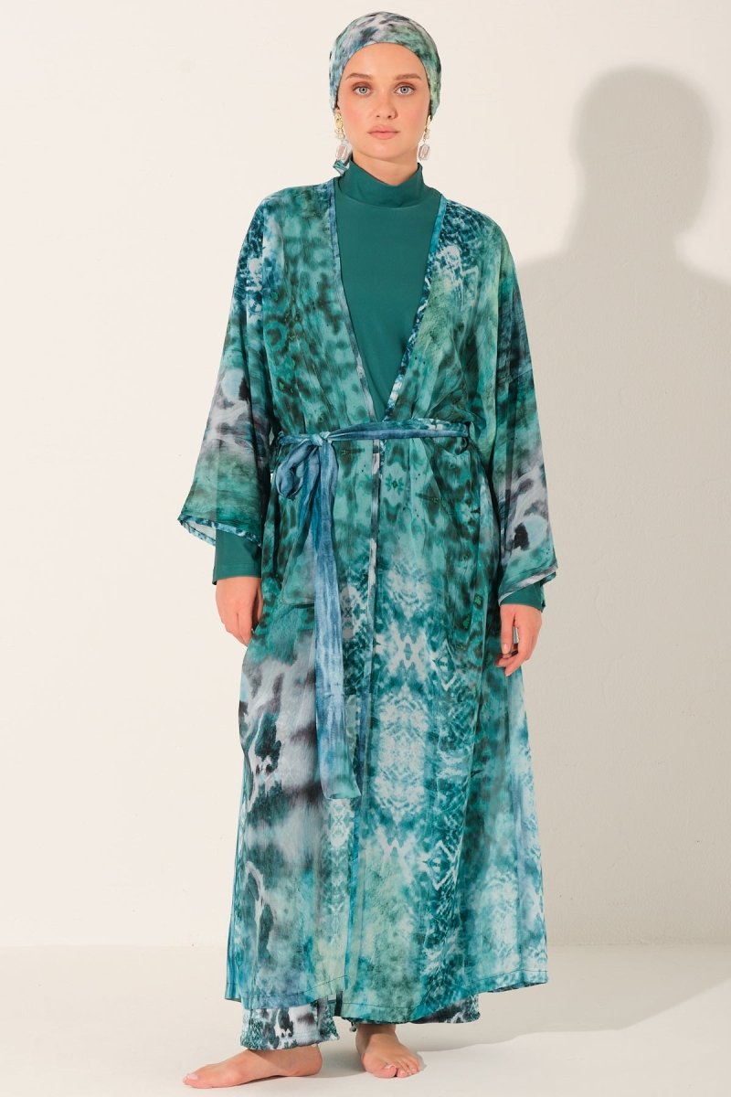 Batik Patterned Belted Long Pareo 7149 - 26 Emerald Green - ihvan