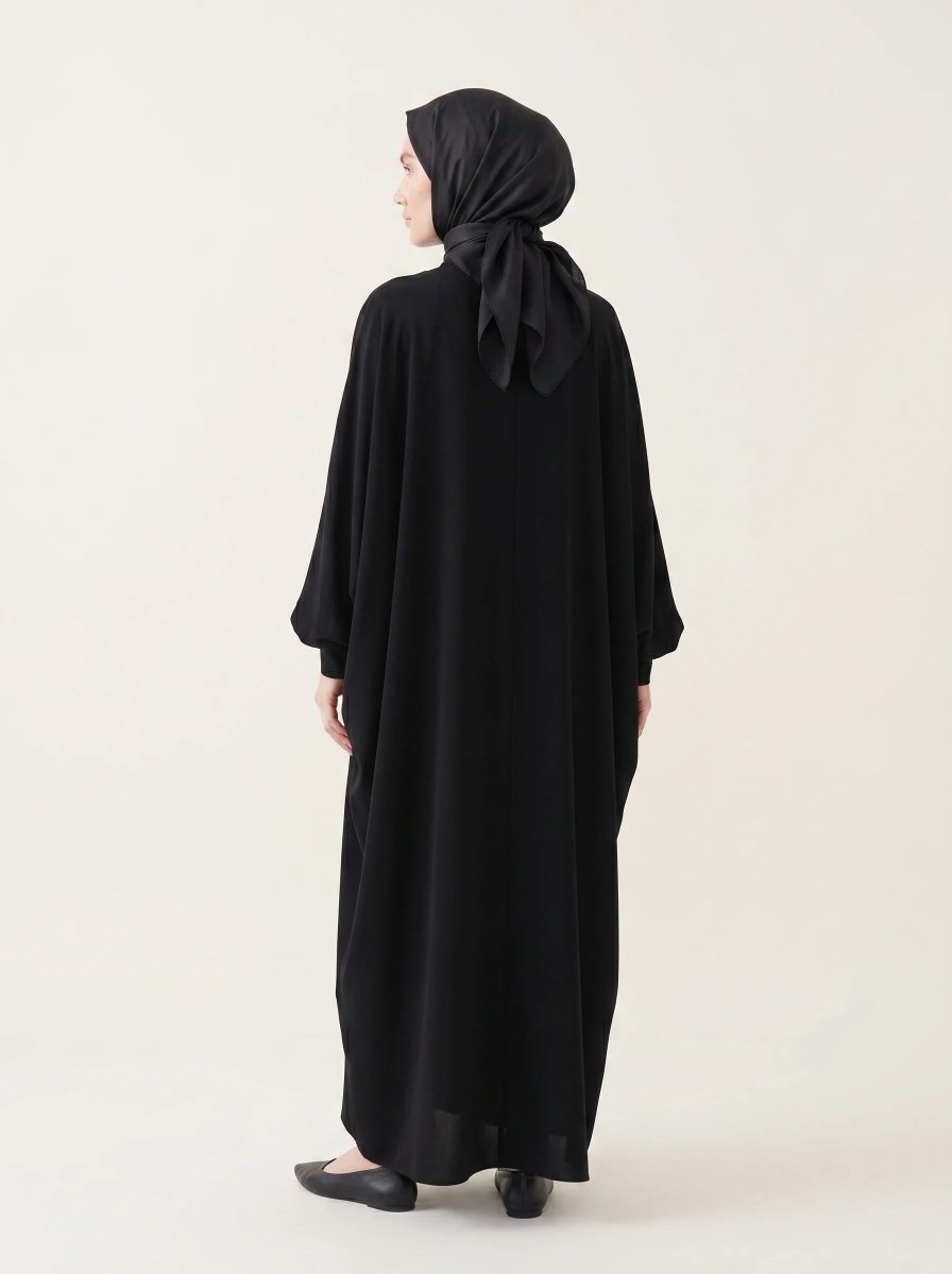 Batwing Sleeve Abaya Shirt with Buttoned Collar, Cuffs, and Pockets, Black 9559 - 26 - ihvan