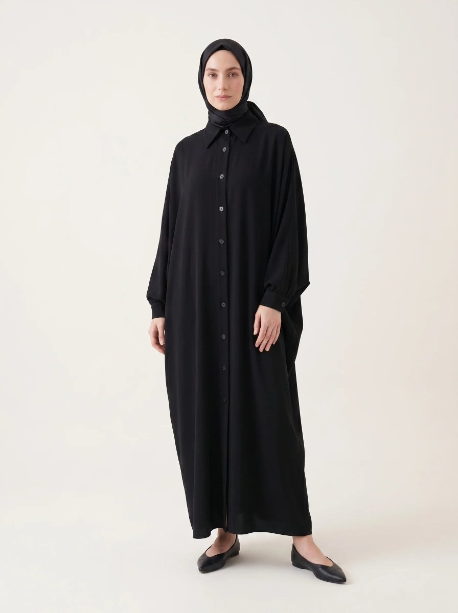 Batwing Sleeve Abaya Shirt with Buttoned Collar, Cuffs, and Pockets, Black 9559 - 26 - ihvan