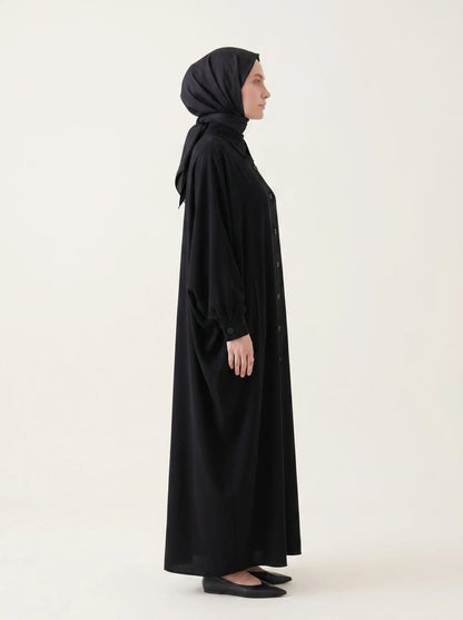 Batwing Sleeve Abaya Shirt with Buttoned Collar, Cuffs, and Pockets, Black 9559 - 26 - ihvan
