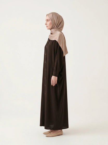 Batwing Sleeve Abaya Shirt with Buttoned Collar, Cuffs, and Pockets, Brown 9559 - 26 - ihvan