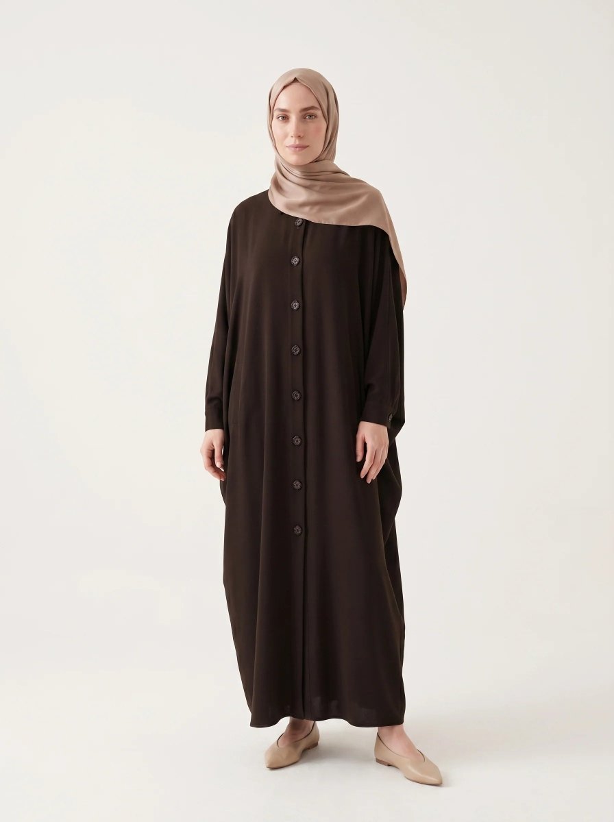 Batwing Sleeve Abaya Shirt with Buttoned Collar, Cuffs, and Pockets, Brown 9559 - 26 - ihvan