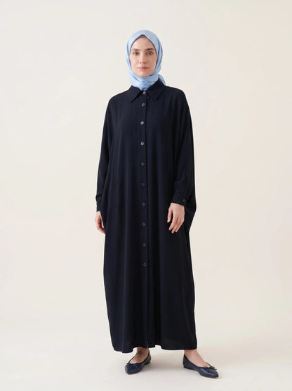 Batwing Sleeve Abaya Shirt with Buttoned Collar, Cuffs, and Pockets, Navy Blue 9559 - 26 - ihvan