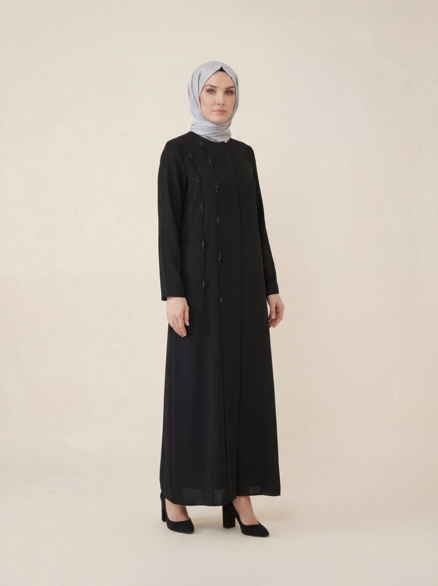 Beaded Detail Hidden Placket Long Sleeved Crew Neck Abaya Regular Fit 9602 - 26 - Black - ihvan