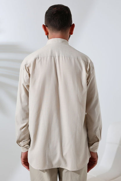Beige Men's Loose Fit Single Pocket Mandarin Collar Hajj and Umrah Linen Shirt - ihvan