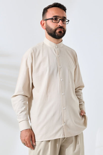 Beige Men's Loose Fit Single Pocket Mandarin Collar Hajj and Umrah Linen Shirt - ihvan