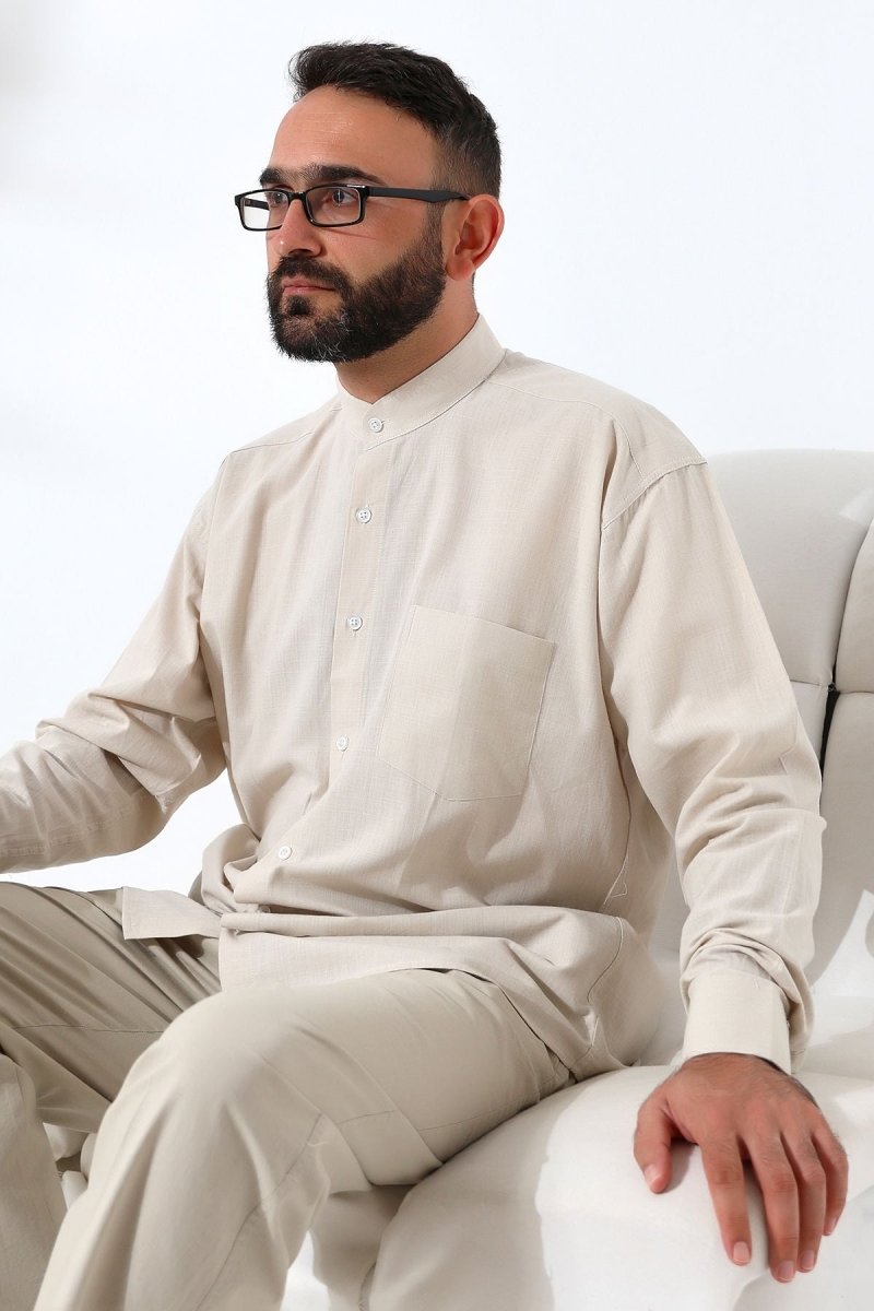 Beige Men's Loose Fit Single Pocket Mandarin Collar Hajj and Umrah Linen Shirt - ihvan