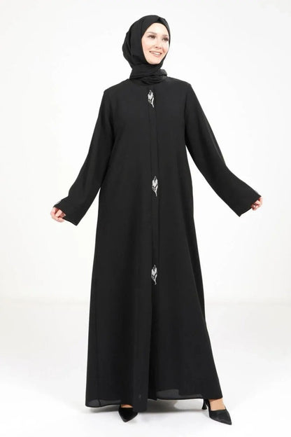 BEYZA 3487-25 BLACK LEAF DETAILED ABAYA - ihvan