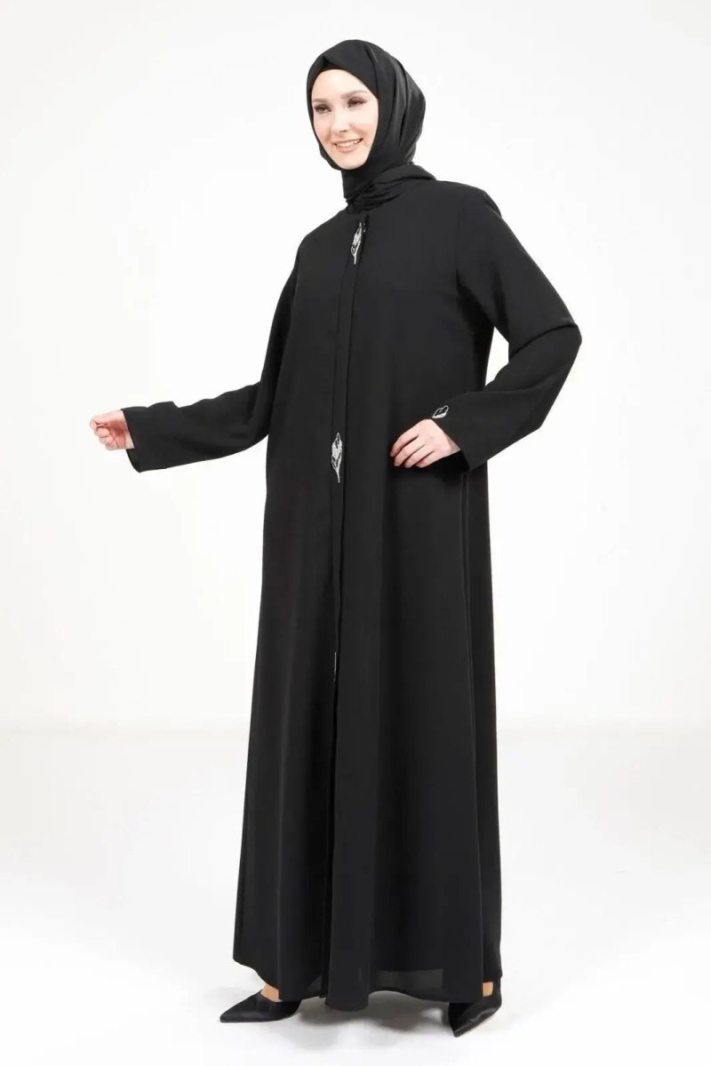 BEYZA 3487 - 25 BLACK LEAF DETAILED ABAYA - ihvan